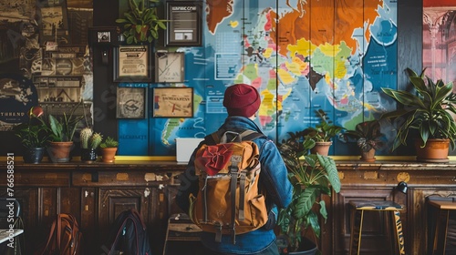 A traveler gazes at a world map in a hostel's welcoming common room, surrounded by eclectic décor and the spirit of adventure.