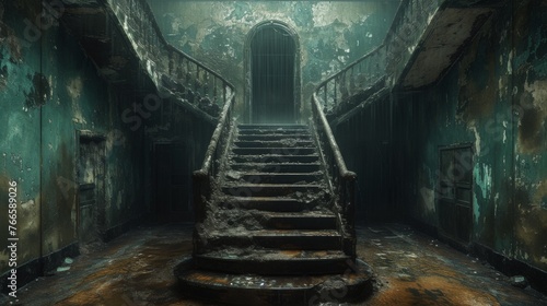 A haunting image of a dilapidated staircase in an abandoned building, capturing the eerie beauty of decay and desolation.