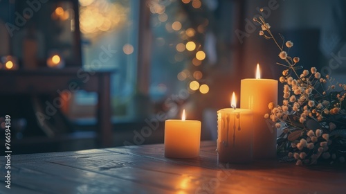 Three lit candles on a wooden table. Great for home decor or relaxation concept