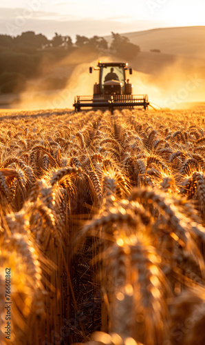 Combine harvester cutting wheat at sunset. Agriculture and farming concept. Design for poster, wallpaper. Golden hour rural landscape shot