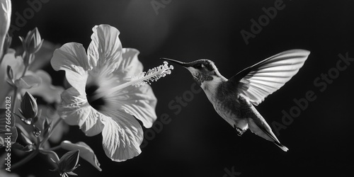 A beautiful black and white image of a hummingbird feeding from a flower. Perfect for nature and wildlife themes