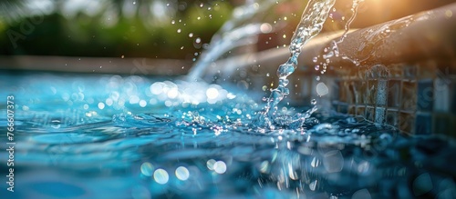 A close-up view of a pool being filled with water pouring out from a hose, creating ripples and splashes in the pool.
