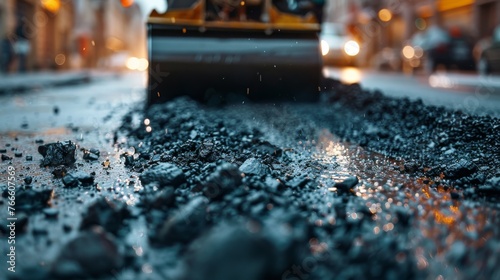 Asphalt roller in action on city street in evening with dynamic lighting