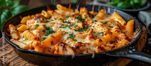A skillet filled with delicious homemade pasta and gooey melted cheese, creating a mouthwatering dish.
