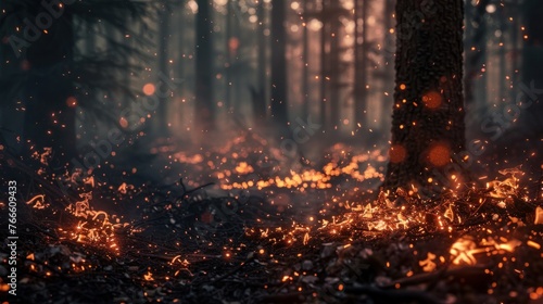 Glowing embers and flames consuming underbrush in a forest