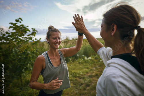 Two female joggers or hikers sharing a high-five, symbolizing teamwork and success on a nature trail during a sunny day.