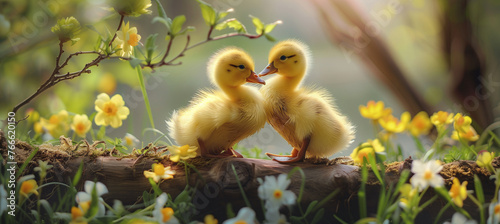 Cute yellow ducklings on a branch in a spring blooming garden. Easter motif of sweet animals