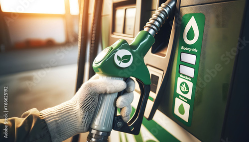 Fuel dispenser, green leaf symbol, symbolizing eco-friendly gasoline or biofuel options.