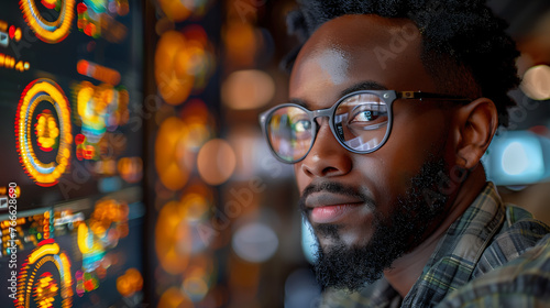 Ingénieur informatique africain, sourire avec des lunettes, jeune homme barbu, travailler en Afrique
