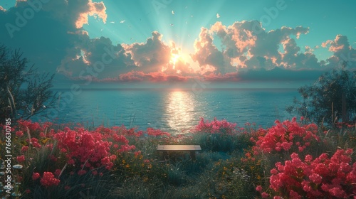 Sunset at a seaside bench with blooming flowers. A peaceful bench overlooks the sea amidst vibrant flora. Concept of relaxation, natural beauty, and serene sunsets. Digital illustration