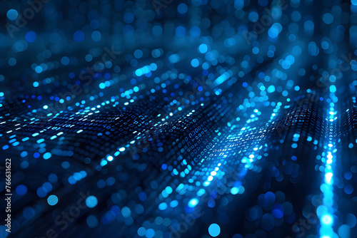 Abstract digital background with blue binary code and light streaks on black background, symbolizing technology and data transfer in cyberspace. This represents the flow of data in computer networks.