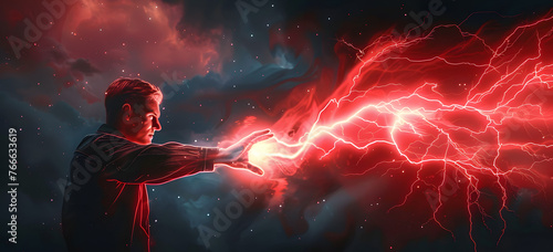 Power and might concept illustrated by a human holding a scarlet bolt of electricity.