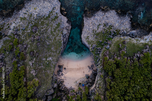 Aerial top view of Anse Bouteille during a morning in Rodrigues island 