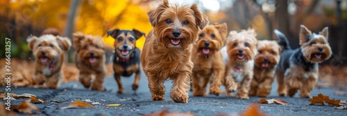 Urban pet walking service: Mixed breeds on a park adventure