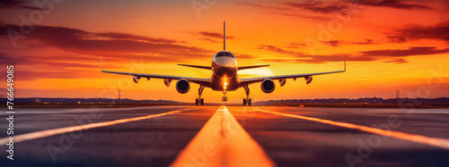 A panoramic image of a large private jet taking off is silhouetted against the sun at dawn or sunset, the warm orange, purple, pink and yellow tones of the sunset create a dramatic color palette.