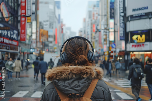 woman walking down a bustling street, headphones in