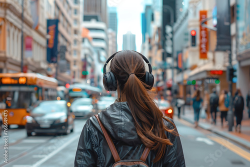 woman walking down a bustling street, headphones in