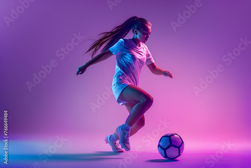 Dynamic portrait of female soccer player practicing with football ball isolated on purple studio background in neon light. Sport, action, motion, fitness