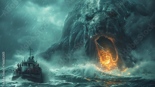 Background of a sea monster that is going to swallow the boat with its big mouth wide open facing the camera-edit