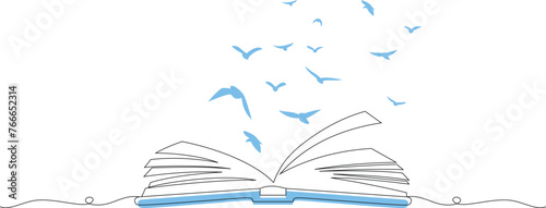 Literacy day papercut card open book birds flying line art style. book day vector illustration 