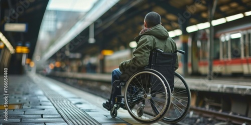 A man in a wheelchair sitting on a train platform. Generative AI.