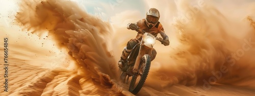 Motocross man biker in the desert dunes. Biker sports and recreation. Speeding and performing stunts. Dramatic cinematic background. Sandy summer dessert