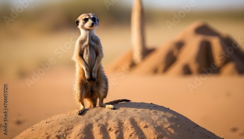 A Meerkat Standing On A Termite Mound Alert And W