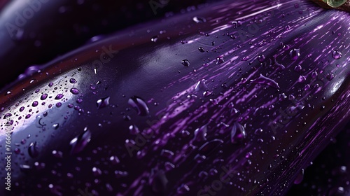 Close-up of a purple eggplant with water droplets on its skin. The eggplant is a shiny, smooth, and has a deep purple color.