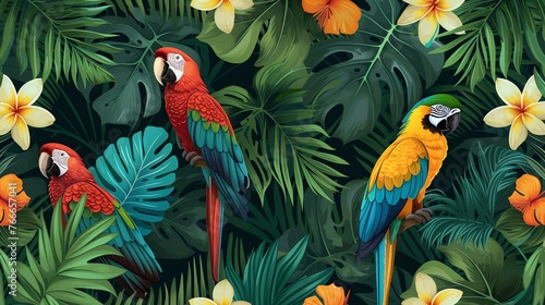 ðŸ¦œðŸŒºðŸŒ´ Seamless exotic pattern with parrots, palm leaves and tropical flowers. Vector illustration.