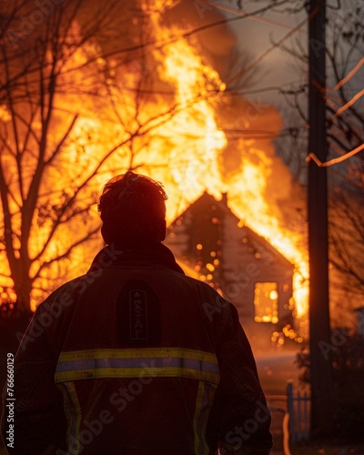 An arsonist watching from afar as firefighters battle the blaze, a chilling reminder of the danger they face, Rear view, photographic style , no contrast