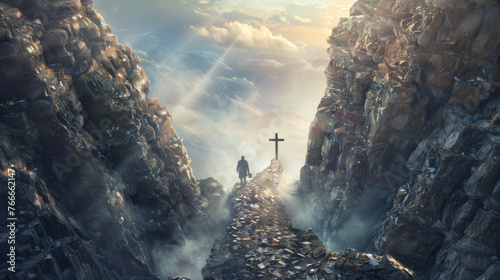 Lone man crosses a narrow path towards the Cross leaving money behind. Spiritual fulfillment and Christian Easter concept.
