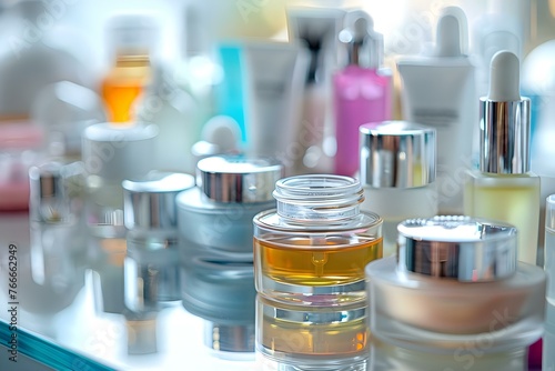 Assortment of Skincare Products in Jars and Bottles Captured up Close. Concept Skincare Products, Close-Up Photography, Cosmetic Jars, Beauty Routine, Product Photography