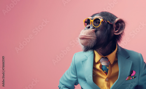 A pop art inspired portrait of a monkey sporting a bright blue suit and colorful accessories, over a pink backdrop. Fashionable ape.