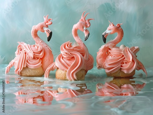 Croissant flamingos stand elegantly on one leg, their coral pink icing reflecting in a mirror glaze lake , soft lighting