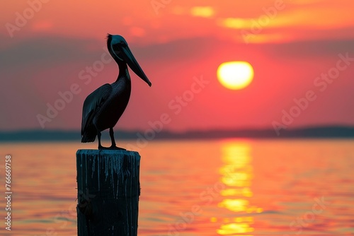 Pelican Silhouette Against Dramatic Sunset, Resting on a Pier Post. Generative AI. 