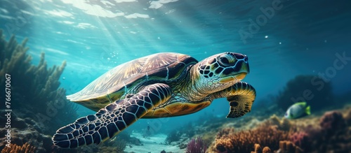 A Kemps ridley sea turtle, a type of marine organism and reptile, is gracefully swimming underwater near a coral reef in the vast ocean