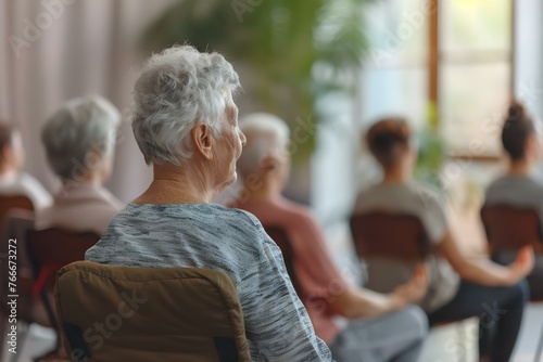 Elderly group practicing chair yoga focusing on upper back stretches and seated shoulder rolls for improved posture and reduced discomfort. Concept Chair Yoga, Elderly Health, Upper Back Stretches