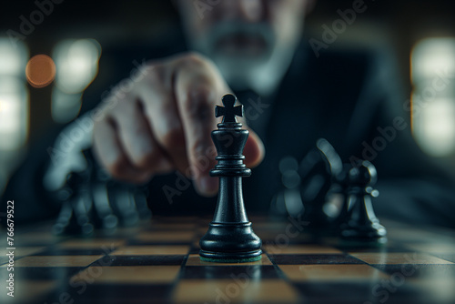 businessman’s decisive move with a chess king, showcasing strategic planning, leadership acumen, and critical thinking in business strategy and competitive success