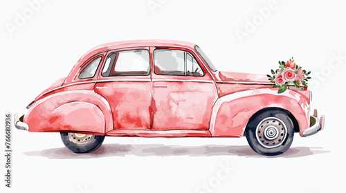 Vintage Just Married car illustration. Watercolor han