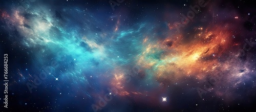 An artistic depiction of a vivid galaxy filled with a myriad of twinkling stars, glowing nebulas, and other cosmic elements in the backdrop