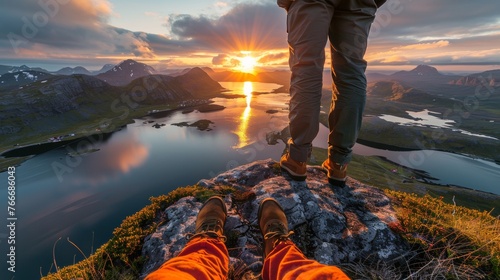 Two people standing on a rock overlooking the water and mountains, AI