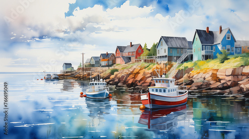 Watercolor illustration of a quaint seaside village with brightly colored houses and moored fishing boats reflecting in the calm harbor waters.