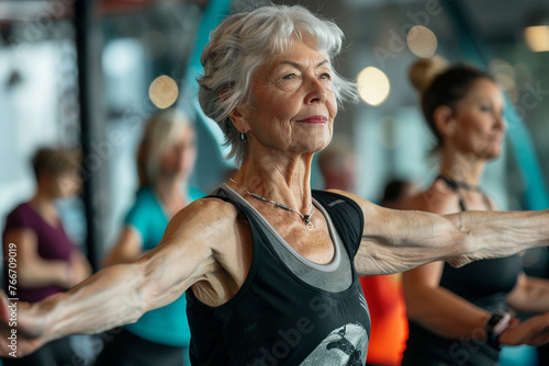 An older woman with a confident posture in a modern fitness class