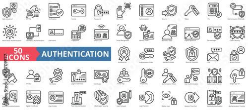 Authentication icon collection set. Containing identity, verification, access, password, biometric, authorization, secure icon. Simple line vector illustration.