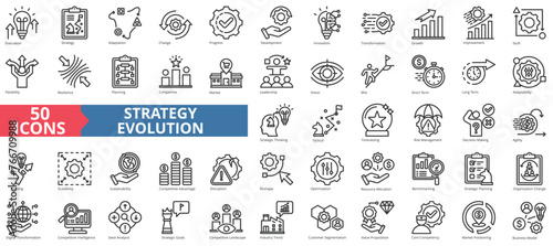 Strategy evolution icon collection set. Containing growth, transformation, adaptation, change, progress, development, innovation icon. Simple line vector.