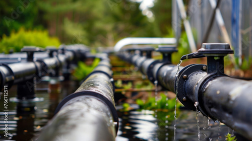 Closeup of a rainwater harvesting system with gutters and pipes collecting water and storing it for later use in irrigation or flushing.