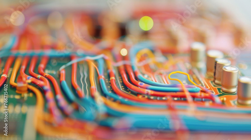 A section of a breadboard with colorful wires of varying thickness connecting different components dots of conductive paint acting as bridges between the leads of a transistor