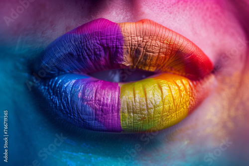 Rainbow lips, colourful make up of a close up detail of an ana mouth for gay lgbt pride day