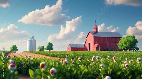 a red barn in a field with flowers and a silo in the background