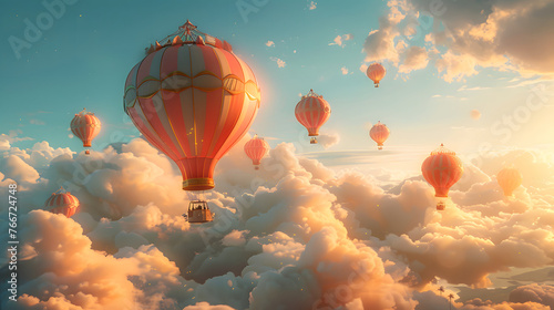 Hot air balloons of different shapes and colors float in the sky above a city. The sun is setting, casting a warm glow on the scene.